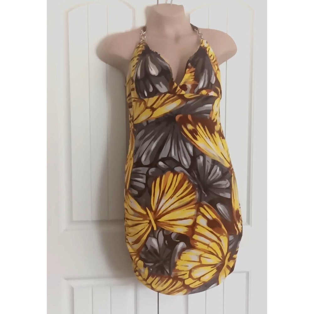 Caren Sport Womens Butterfly Print Halter Dress 2X Polyester/Spandex Yellow/Brow